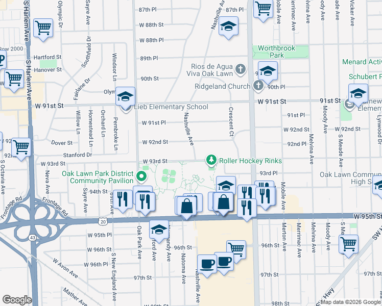 map of restaurants, bars, coffee shops, grocery stores, and more near 6611 West 92nd Street in Oak Lawn