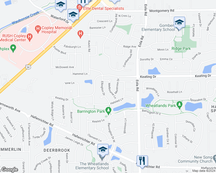 map of restaurants, bars, coffee shops, grocery stores, and more near 1736 Melbourne Lane in Aurora