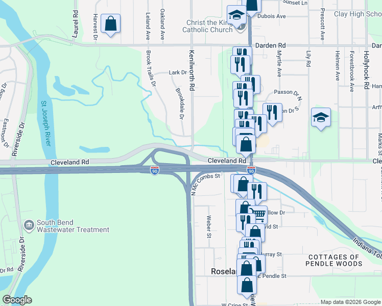 map of restaurants, bars, coffee shops, grocery stores, and more near 20009 Cleveland Road in South Bend