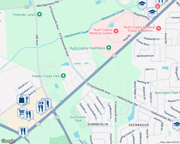 map of restaurants, bars, coffee shops, grocery stores, and more near 1650 Northpoint Drive in Aurora