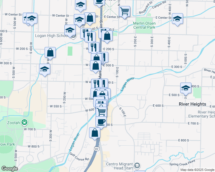 map of restaurants, bars, coffee shops, grocery stores, and more near 42 East 400 South in Logan