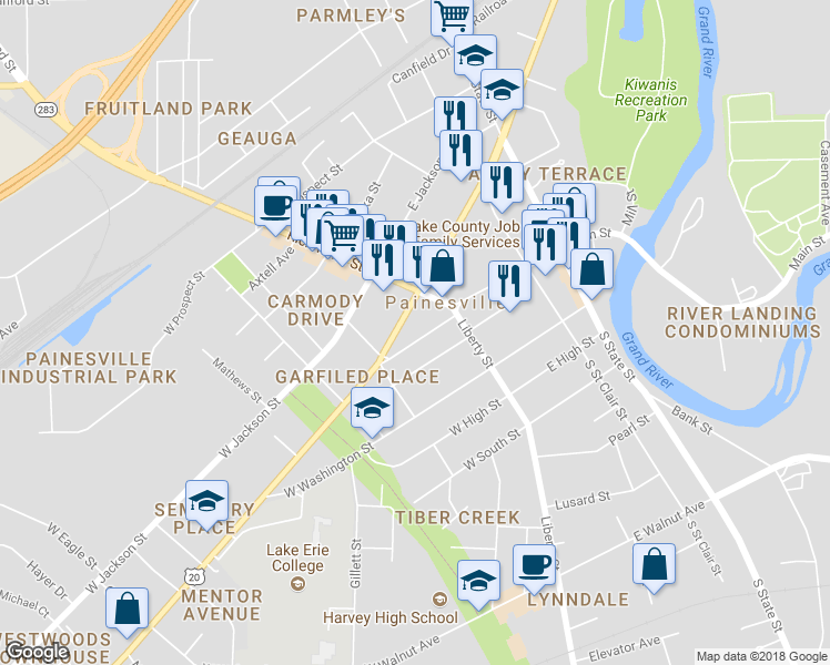 map of restaurants, bars, coffee shops, grocery stores, and more near 66 Mentor Avenue in Painesville