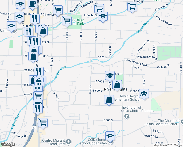map of restaurants, bars, coffee shops, grocery stores, and more near East 400 South in Logan