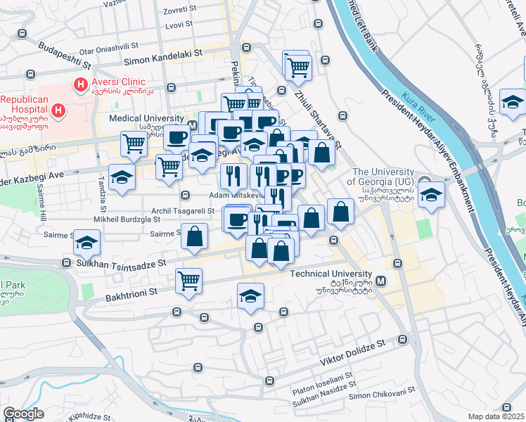 map of restaurants, bars, coffee shops, grocery stores, and more near Davit Gamrekeli Street in Tbilisi