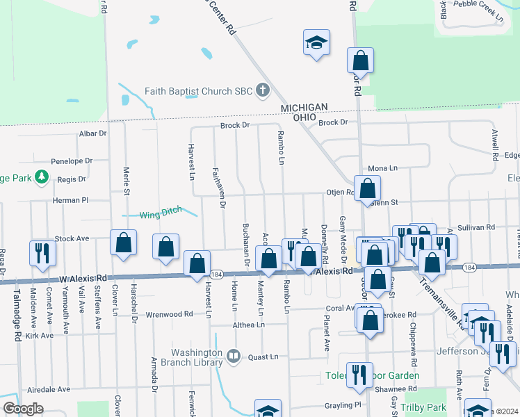 map of restaurants, bars, coffee shops, grocery stores, and more near 5941 Acoma Drive in Toledo