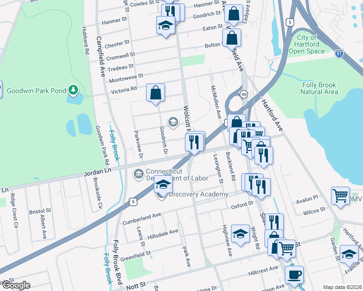map of restaurants, bars, coffee shops, grocery stores, and more near 53 Wolcott Hill Road in Wethersfield