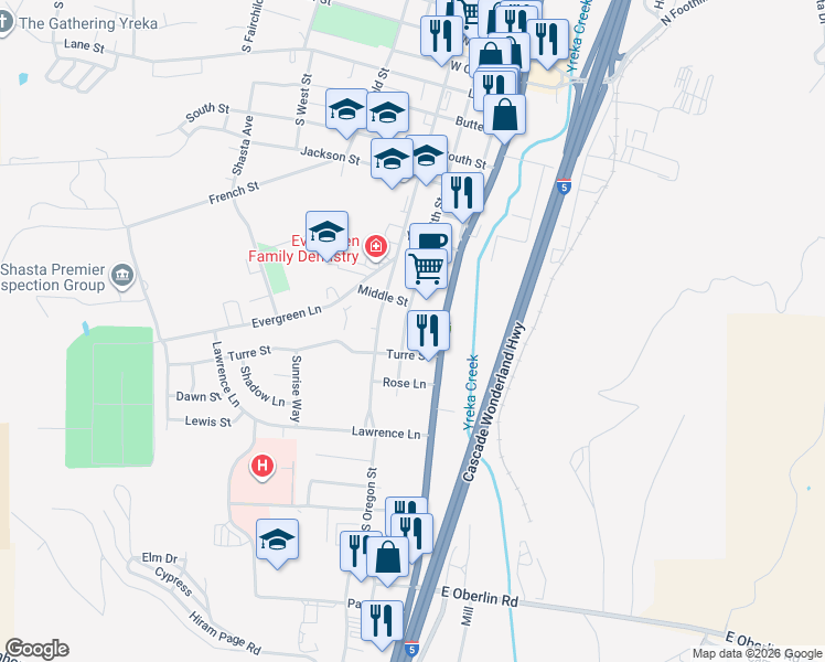 map of restaurants, bars, coffee shops, grocery stores, and more near 918 4th Street in Yreka