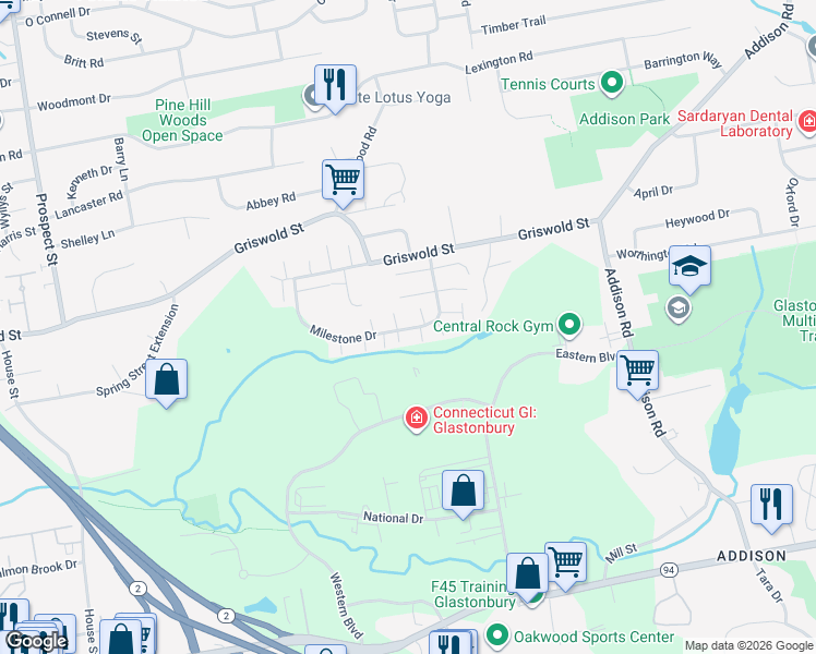 map of restaurants, bars, coffee shops, grocery stores, and more near 18 Pepperbush Lane in Glastonbury