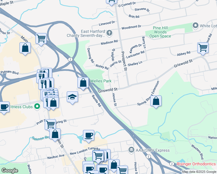 map of restaurants, bars, coffee shops, grocery stores, and more near 197 Griswold Street in Glastonbury