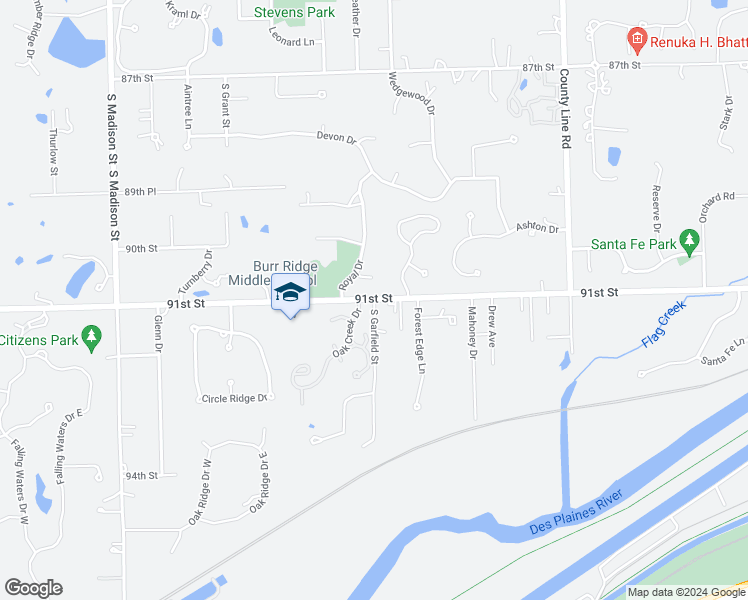 map of restaurants, bars, coffee shops, grocery stores, and more near 9227 South Garfield Street in Burr Ridge