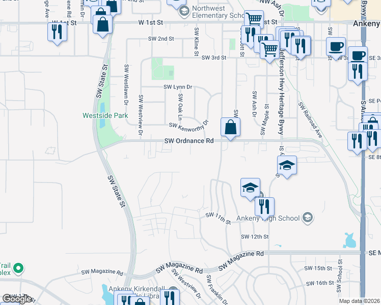 map of restaurants, bars, coffee shops, grocery stores, and more near 1325 Southwest Goodwin Street in Ankeny