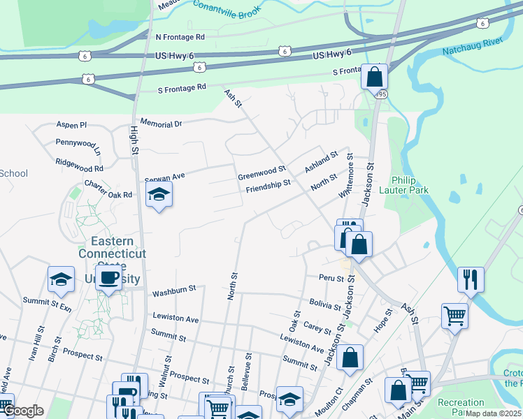 map of restaurants, bars, coffee shops, grocery stores, and more near 438 North Street in Windham