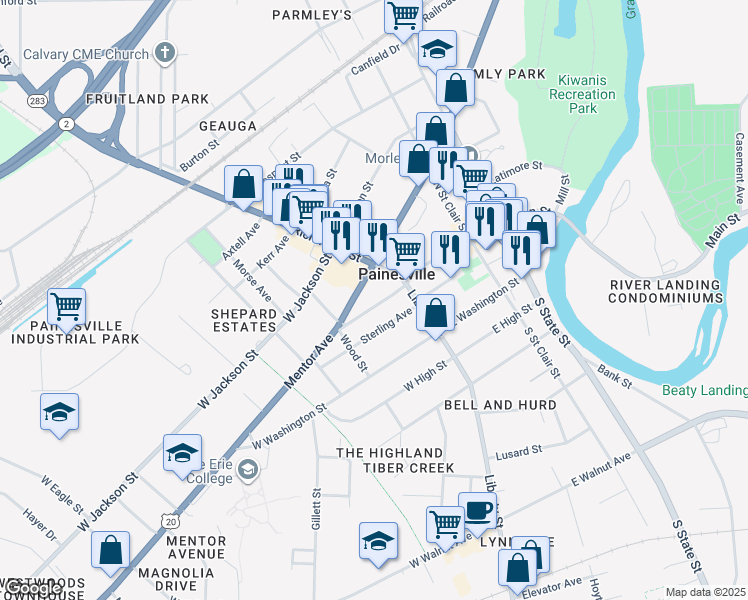 map of restaurants, bars, coffee shops, grocery stores, and more near 54 Mentor Avenue in Painesville