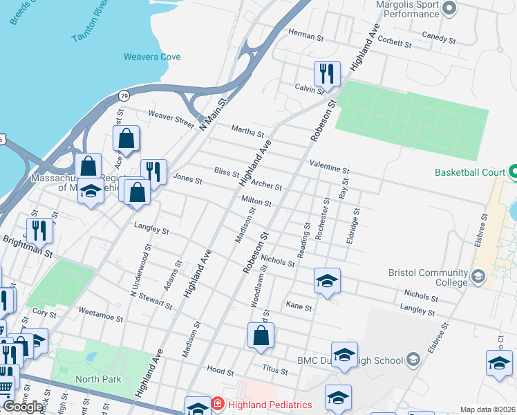 map of restaurants, bars, coffee shops, grocery stores, and more near 82 Milton Street in Fall River