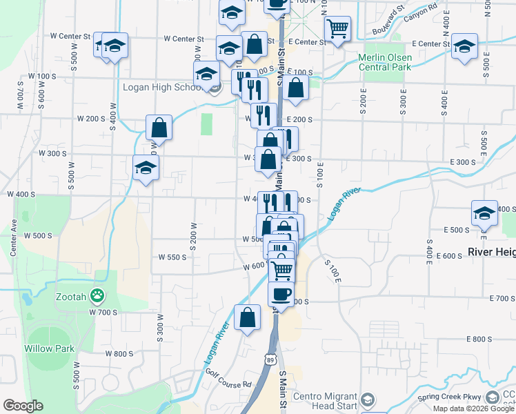 map of restaurants, bars, coffee shops, grocery stores, and more near 70 West 400 South in Logan