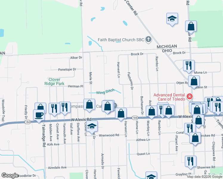 map of restaurants, bars, coffee shops, grocery stores, and more near 5954 Meteor Ave in Toledo