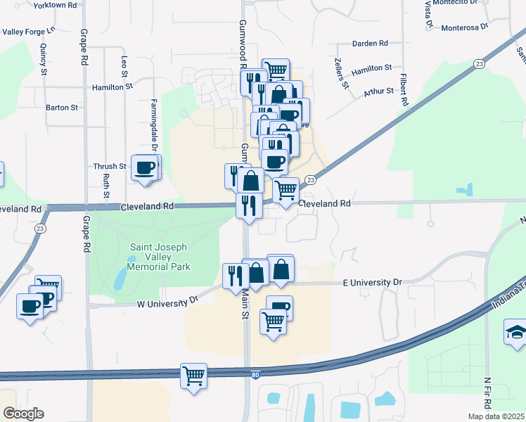 map of restaurants, bars, coffee shops, grocery stores, and more near 6940 North Main Street in Granger