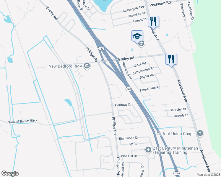 map of restaurants, bars, coffee shops, grocery stores, and more near 2114 Phillips Road in New Bedford