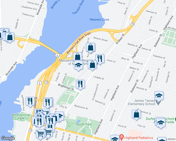 map of restaurants, bars, coffee shops, grocery stores, and more near 151 Cove Street in Fall River