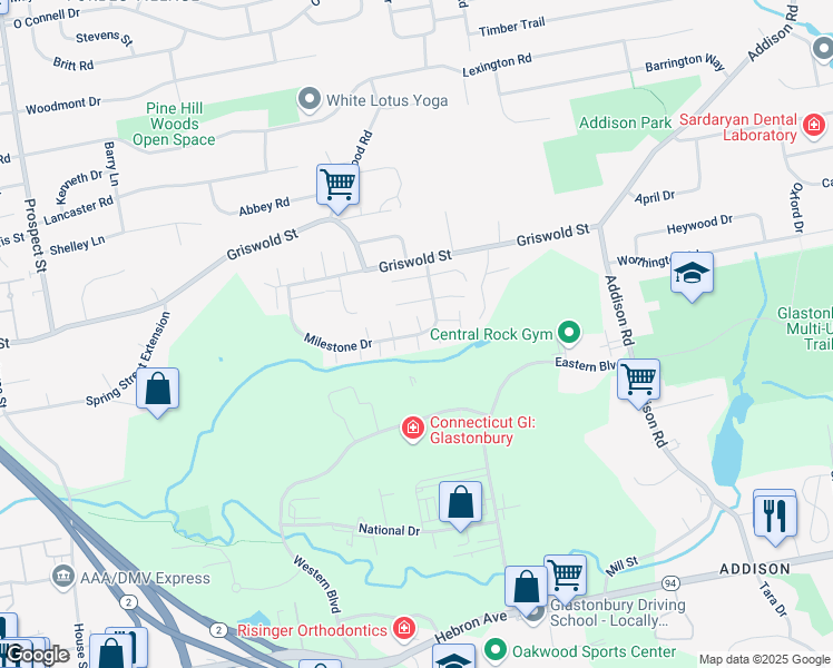 map of restaurants, bars, coffee shops, grocery stores, and more near 2 Holly Lane in Glastonbury