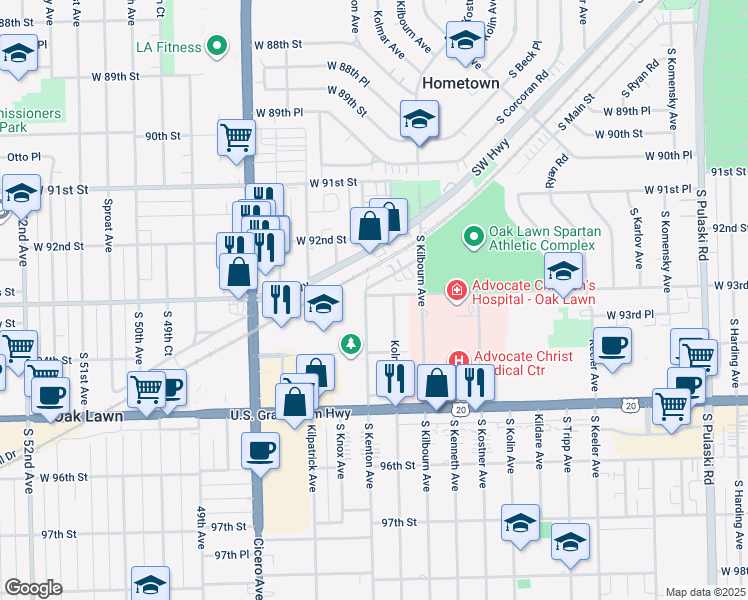 map of restaurants, bars, coffee shops, grocery stores, and more near 4560 West 93rd Street in Oak Lawn