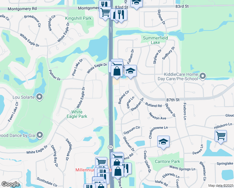 map of restaurants, bars, coffee shops, grocery stores, and more near 129 Illinois Route 59 in Naperville