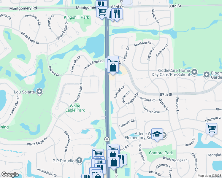 map of restaurants, bars, coffee shops, grocery stores, and more near 129 Illinois Route 59 in Naperville
