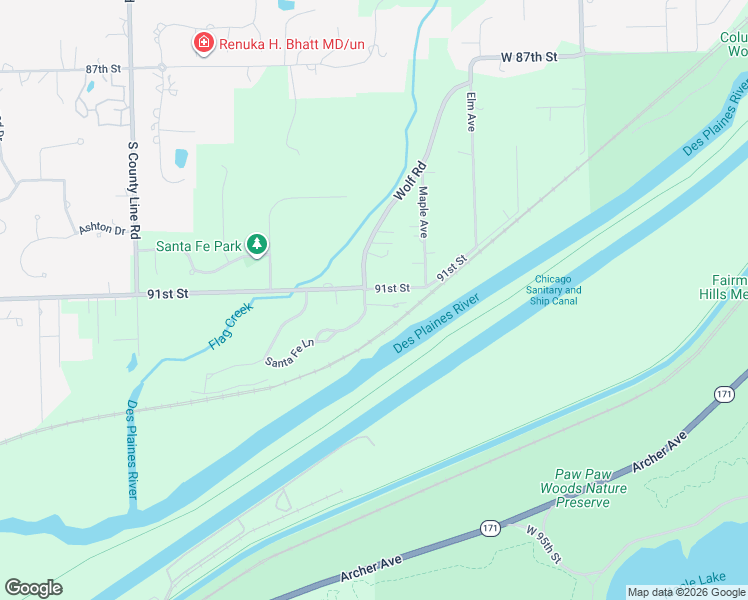 map of restaurants, bars, coffee shops, grocery stores, and more near 94 Santa Fe Court in Willow Springs
