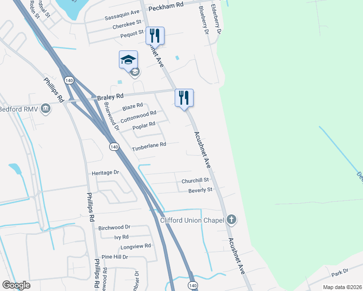 map of restaurants, bars, coffee shops, grocery stores, and more near 3903 Acushnet Avenue in New Bedford