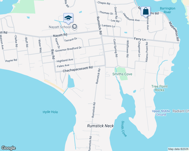 map of restaurants, bars, coffee shops, grocery stores, and more near 185 Rumstick Road in Barrington