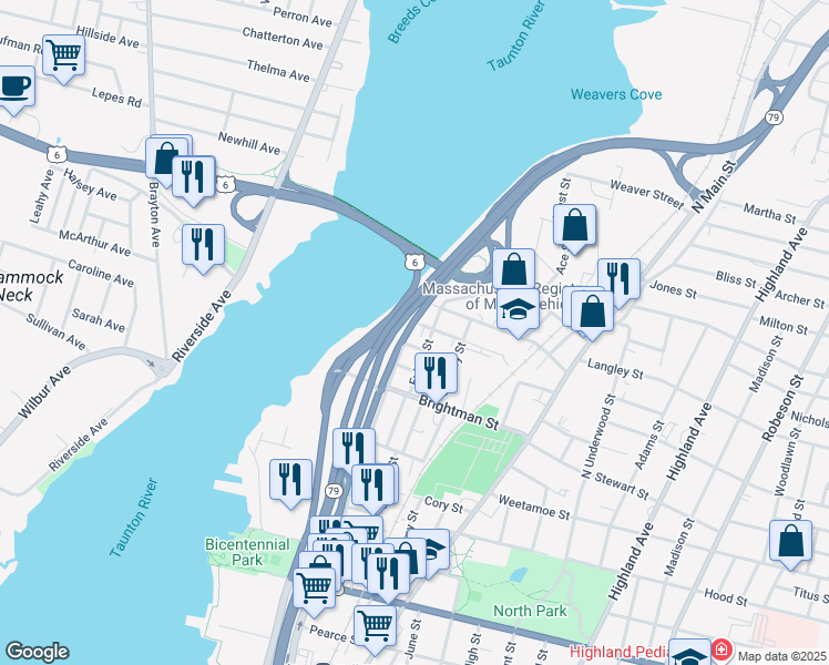 map of restaurants, bars, coffee shops, grocery stores, and more near 29 Wellington Street in Fall River