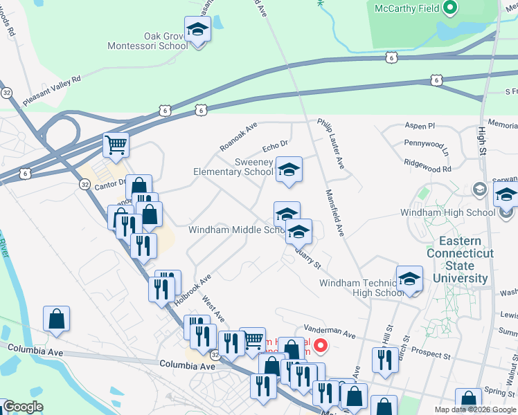map of restaurants, bars, coffee shops, grocery stores, and more near 140 Oak Hill Drive in Windham