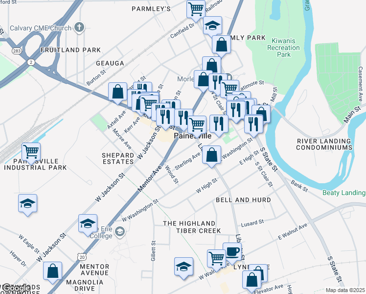 map of restaurants, bars, coffee shops, grocery stores, and more near 42 Mentor Avenue in Painesville