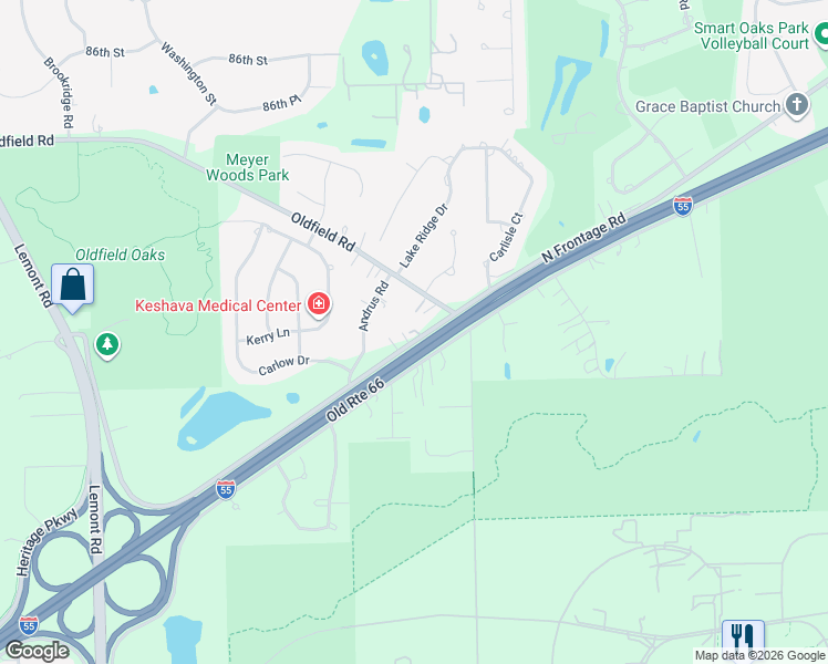map of restaurants, bars, coffee shops, grocery stores, and more near 400 North Frontage Road in Downers Grove