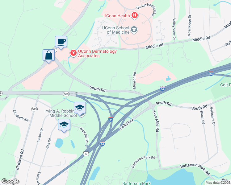 map of restaurants, bars, coffee shops, grocery stores, and more near 80 South Road in Farmington