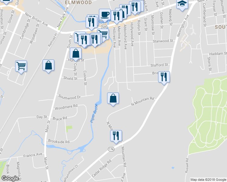 map of restaurants, bars, coffee shops, grocery stores, and more near 17 Steven Street in West Hartford