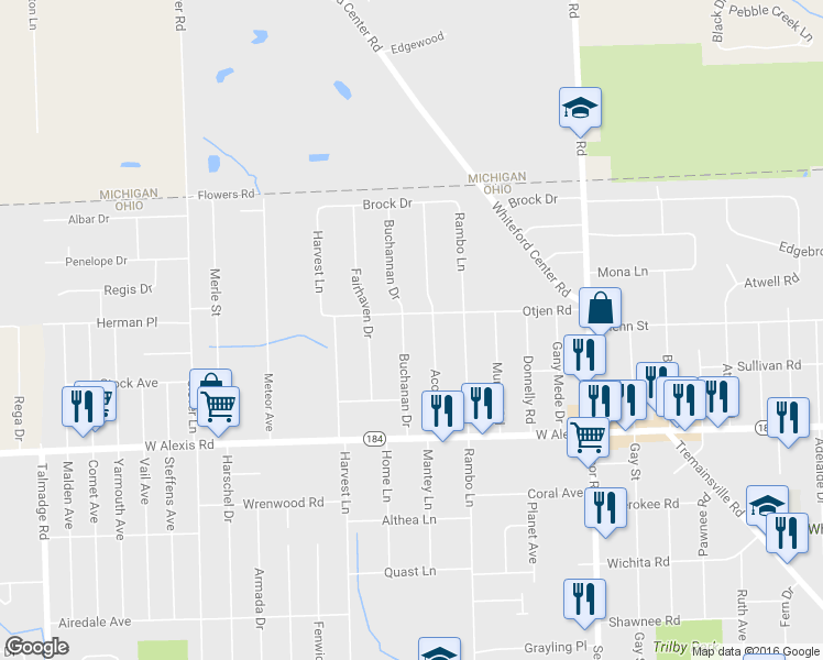 map of restaurants, bars, coffee shops, grocery stores, and more near 5946 Buchanan Dr in Toledo