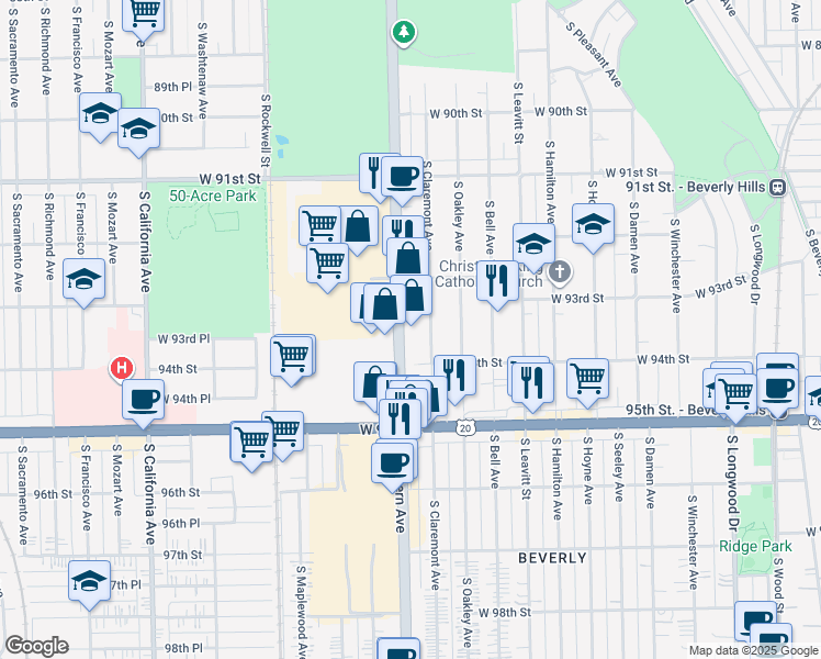 map of restaurants, bars, coffee shops, grocery stores, and more near 9320 South Claremont Avenue in Chicago
