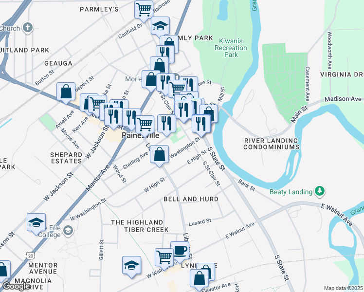 map of restaurants, bars, coffee shops, grocery stores, and more near 111 East Washington Street in Painesville