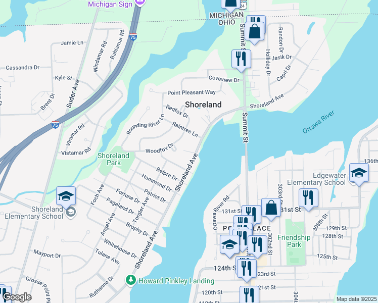 map of restaurants, bars, coffee shops, grocery stores, and more near 2619 Shoreland Avenue in Toledo
