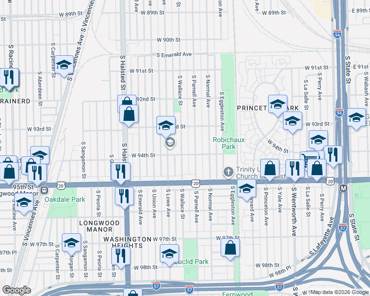 map of restaurants, bars, coffee shops, grocery stores, and more near 9340 South Parnell Avenue in Chicago