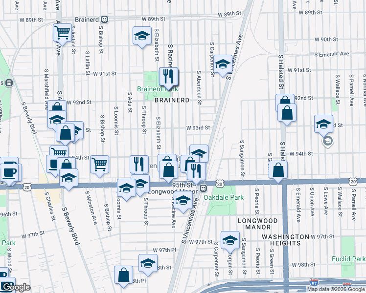 map of restaurants, bars, coffee shops, grocery stores, and more near 9335 South Racine Avenue in Chicago