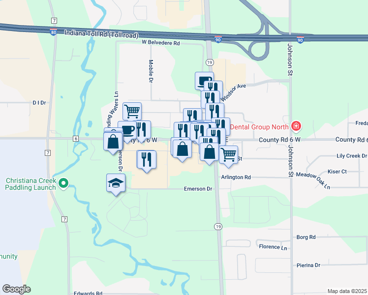 map of restaurants, bars, coffee shops, grocery stores, and more near 285 County Road 6 in Elkhart