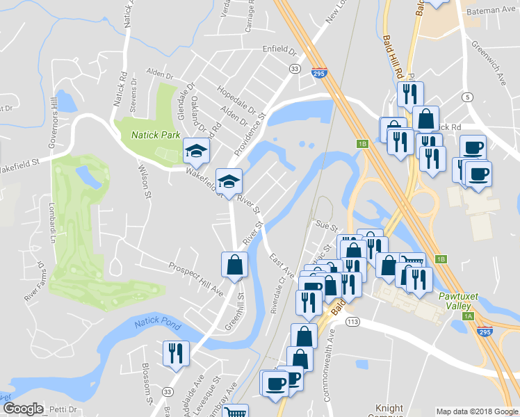 map of restaurants, bars, coffee shops, grocery stores, and more near 41 River Street in West Warwick