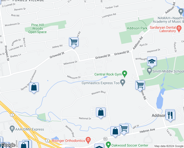 map of restaurants, bars, coffee shops, grocery stores, and more near 23 Stonecress Lane in Glastonbury