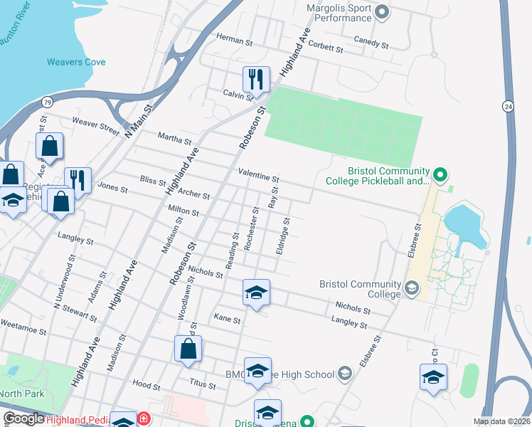 map of restaurants, bars, coffee shops, grocery stores, and more near 1046 Ray Street in Fall River