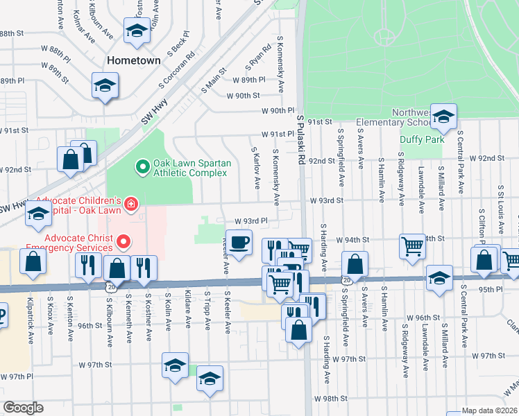 map of restaurants, bars, coffee shops, grocery stores, and more near 4101 West 93rd Street in Oak Lawn