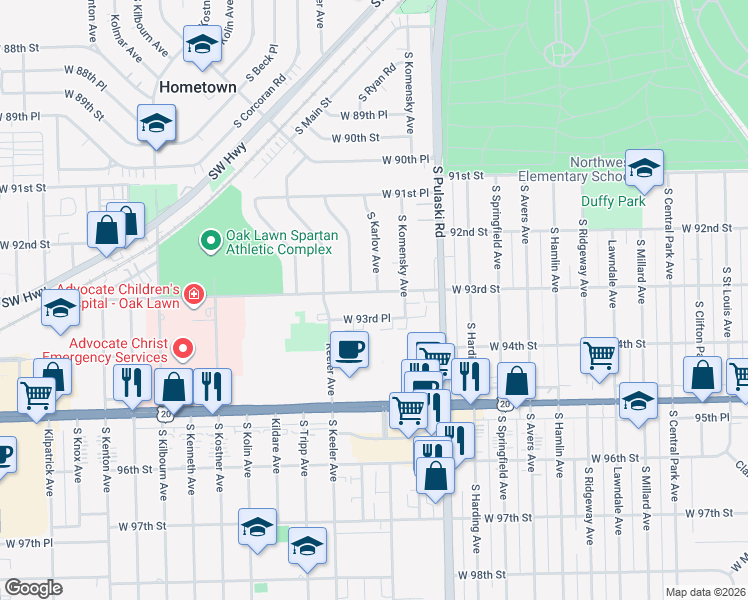 map of restaurants, bars, coffee shops, grocery stores, and more near 4101 W 93rd St in Oak Lawn