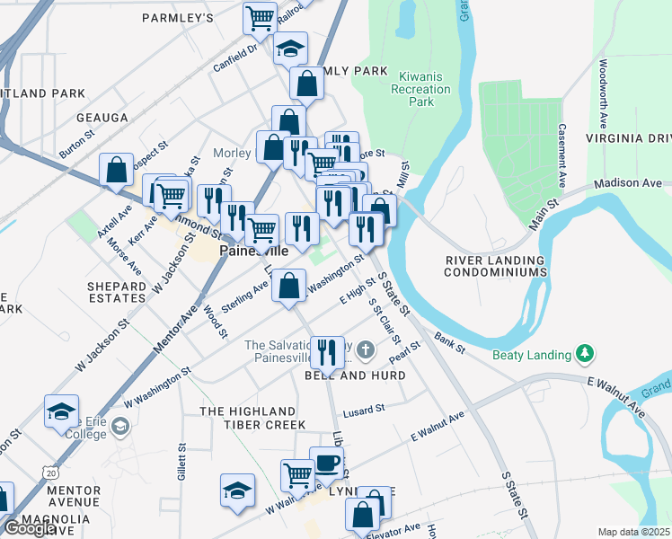 map of restaurants, bars, coffee shops, grocery stores, and more near 111 East Washington Street in Painesville