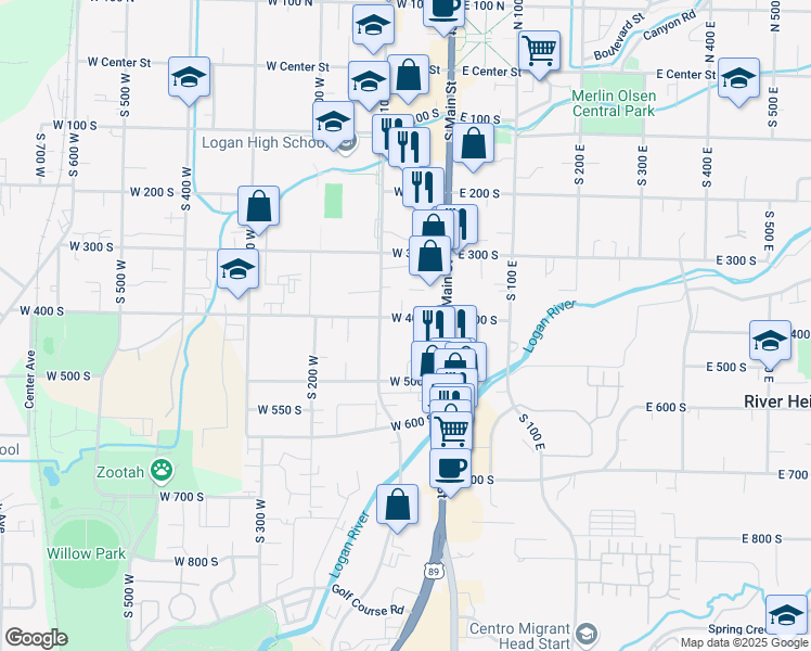 map of restaurants, bars, coffee shops, grocery stores, and more near 70 West 400 South in Logan